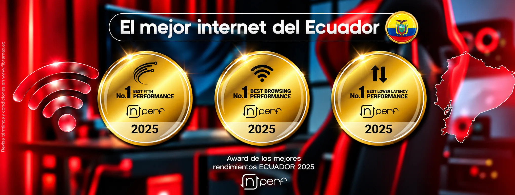 Fibramax Plus, el mejor internet del Ecuador: No.1 en rendimiento de fibra optica (FTTH), navegacion y menor latencia segun los premios nPerf Ecuador 2025
